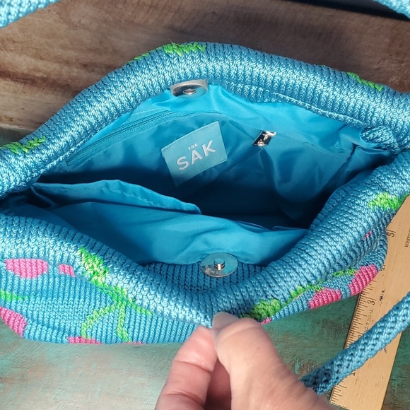 The Sak Teal and Pink Cherry Crochet Handbag Purse w/ Sequin Detail ~Y2K~ - Picture 8 of 14